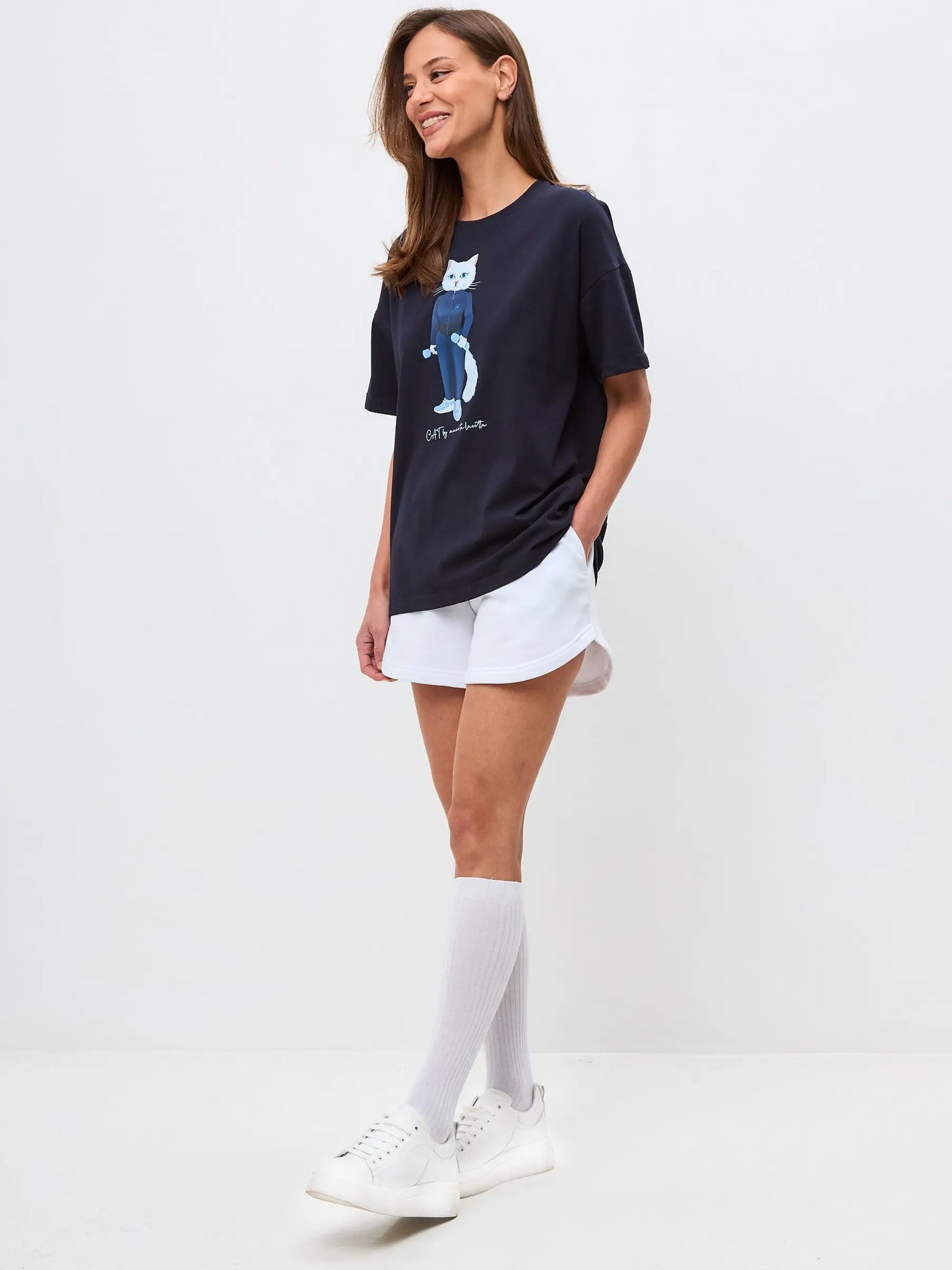Set: women’s dark blue oversized t-shirt with a white sports cat and white shorts - Funny Cat | For Cat Lovers | CAT