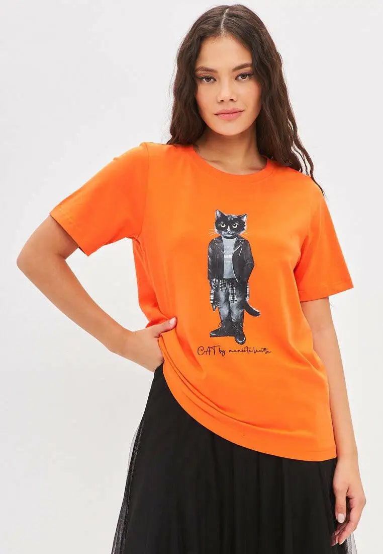 Set: women’s orange t-shirt with rocker cat print and black tulle maxi skirt - Funny Cat | For Cat Lovers | CAT