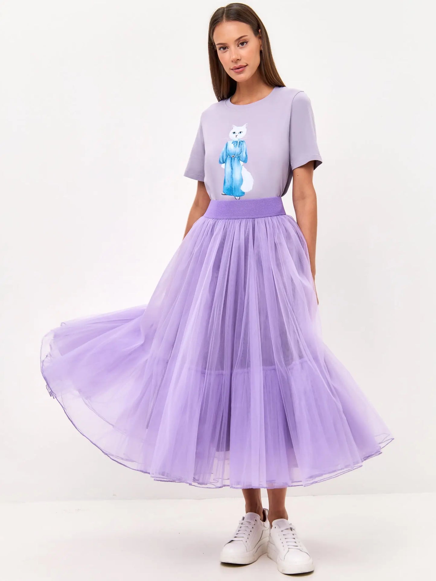 Set: women’s purple t-shirt with a white cat and purple mesh maxi skirt - Funny Cat | For Cat Lovers | CAT by maniita