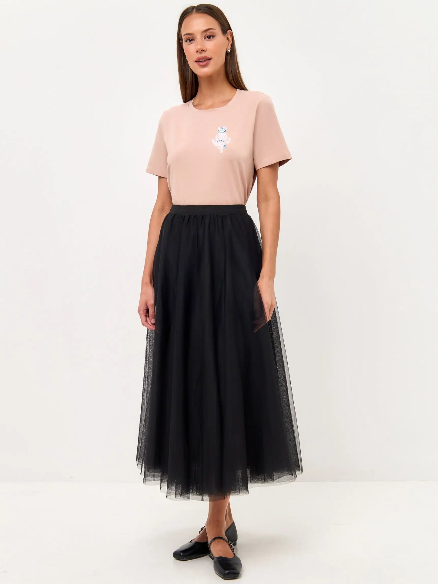 Set: women’s soft pink t-shirt with a ballerina kitten and a black tulle maxi skirt - Funny Cat | For Cat Lovers | CAT
