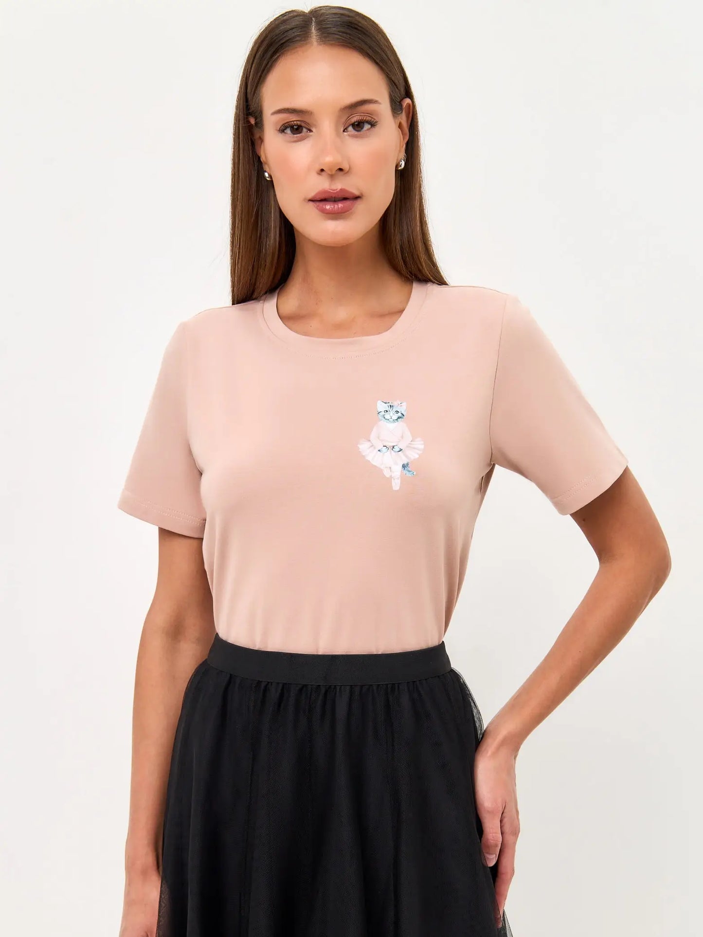 Set: women’s soft pink t-shirt with a ballerina kitten and a black tulle maxi skirt - Funny Cat | For Cat Lovers | CAT