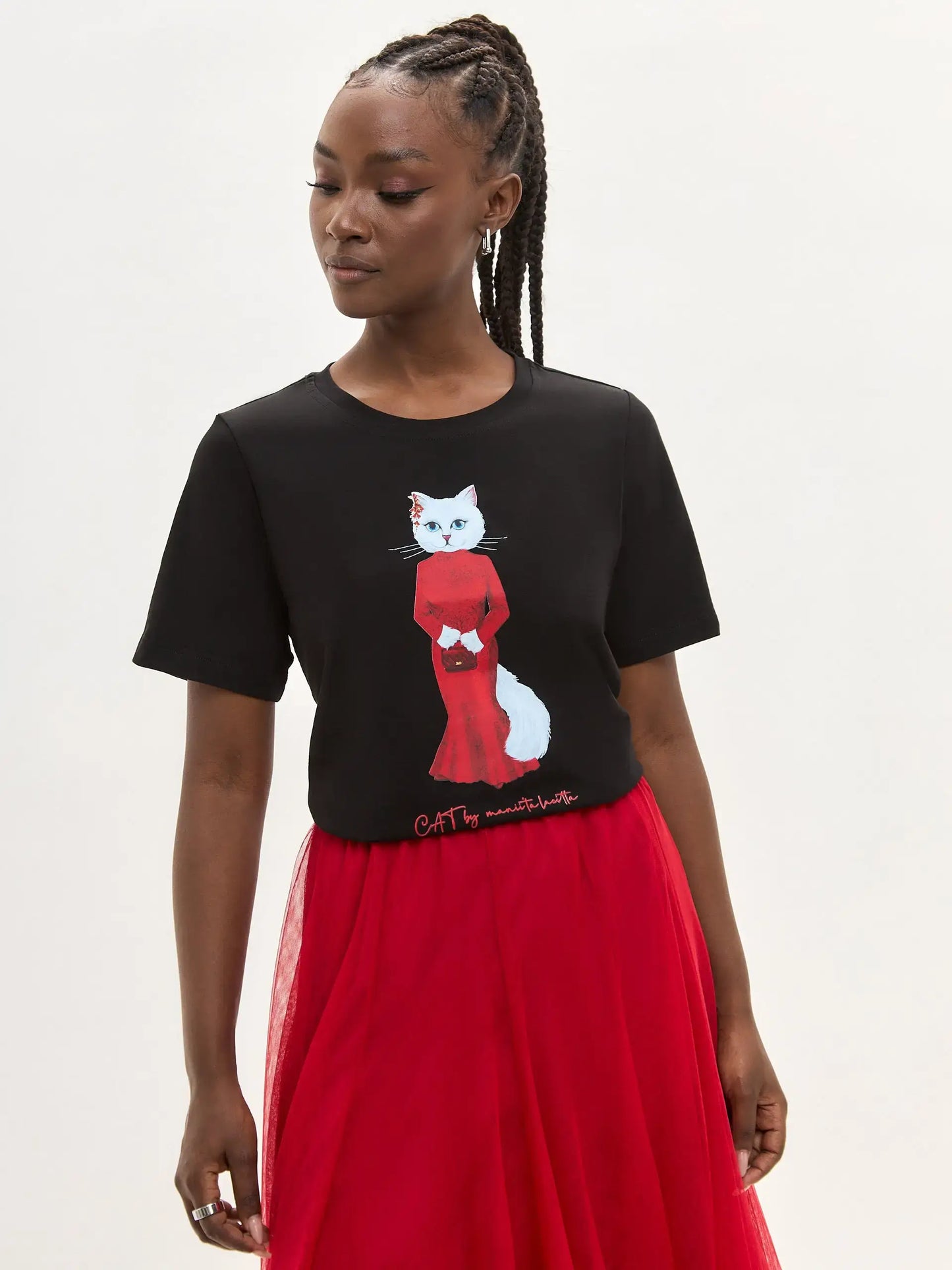Black Printed T-shirt CAT IN RED - T-shirt