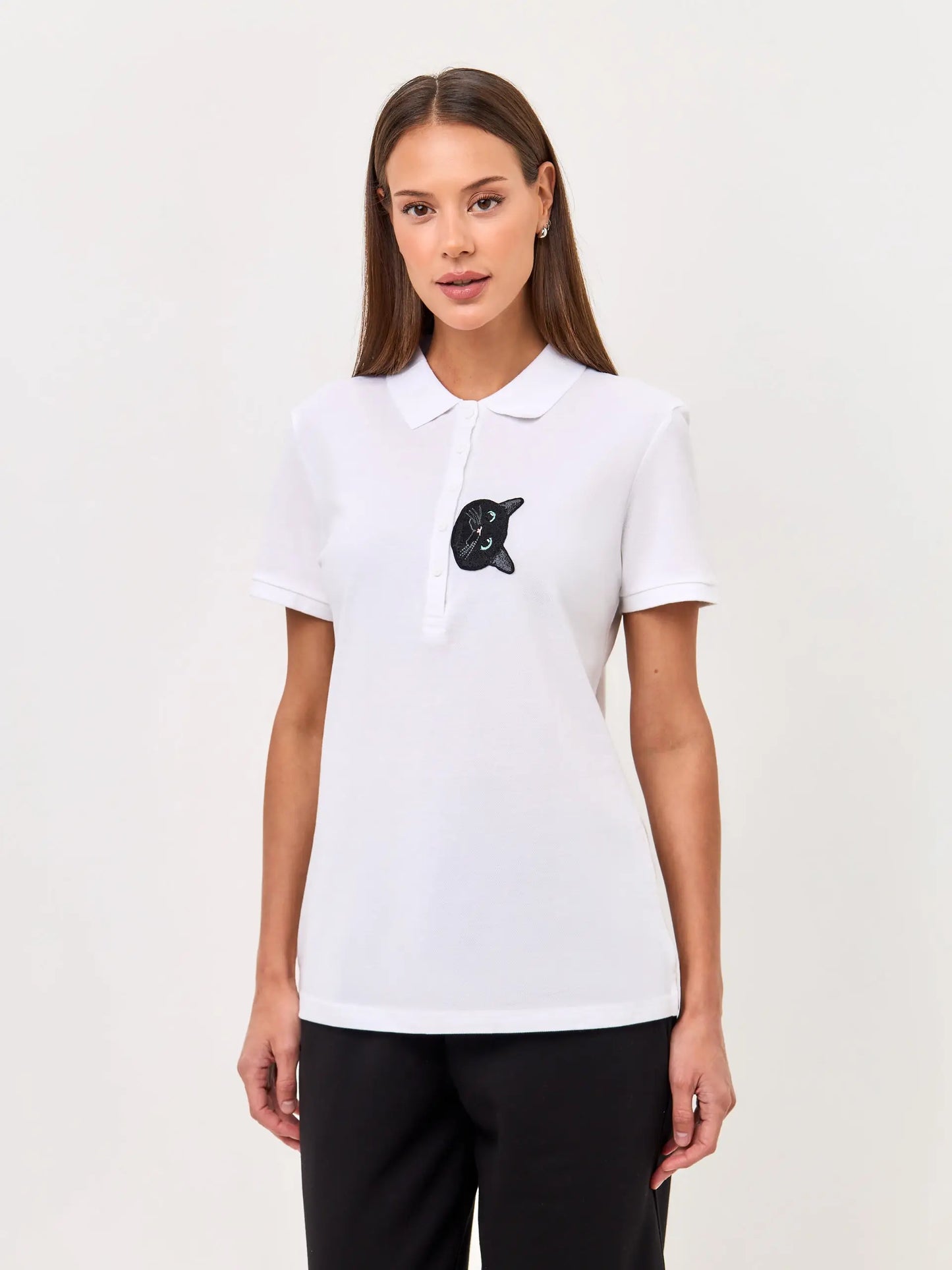 Set: women’s white polo shirt with a black cat and black wide-leg sweatpants - Funny Cat | For Cat Lovers | CAT