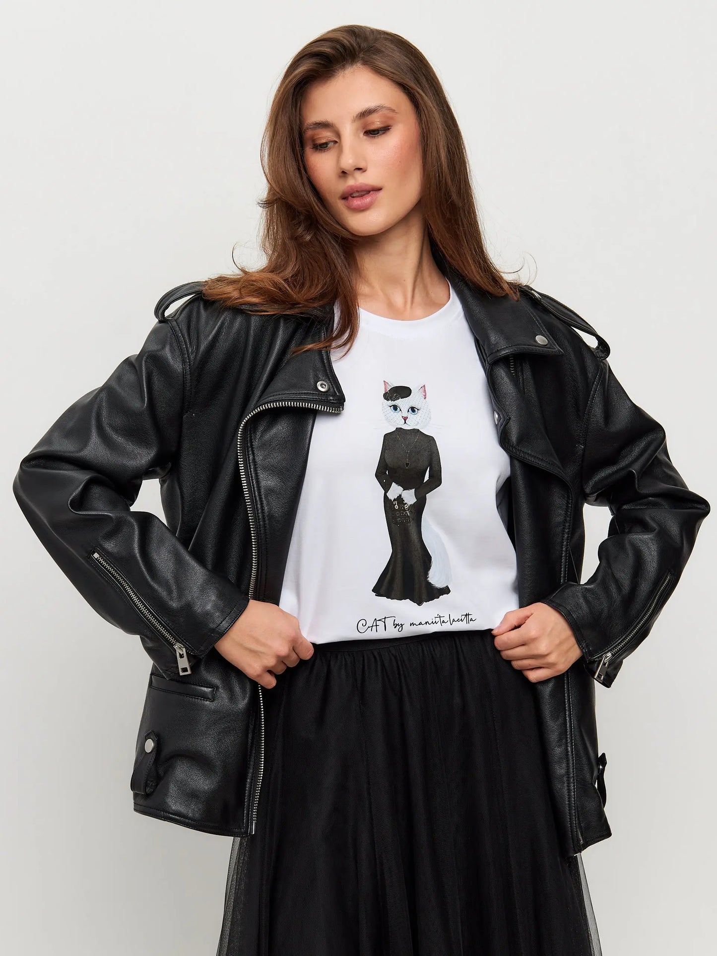 Set: women’s white t-shirt with a white cat and black tulle skirt - Funny Cat | For Cat Lovers | CAT by maniita lacitta
