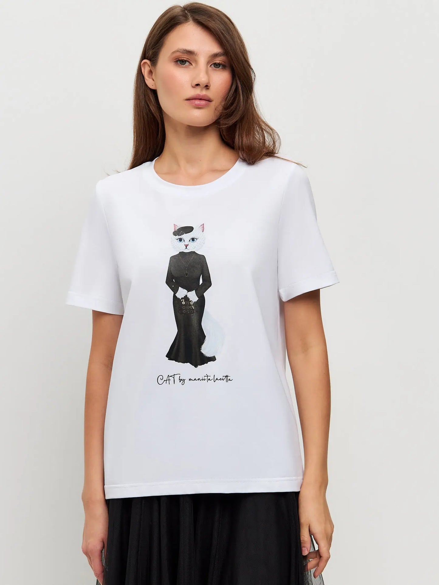 Set: women’s white t-shirt with a white cat and black tulle skirt - Funny Cat | For Cat Lovers | CAT by maniita lacitta