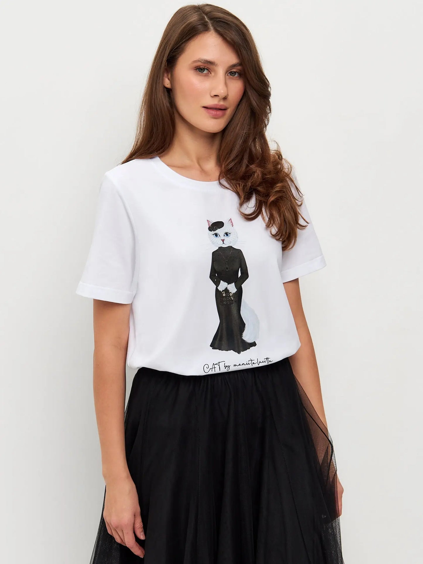 Set: women’s white t-shirt with a white cat and black tulle skirt - Funny Cat | For Cat Lovers | CAT by maniita lacitta