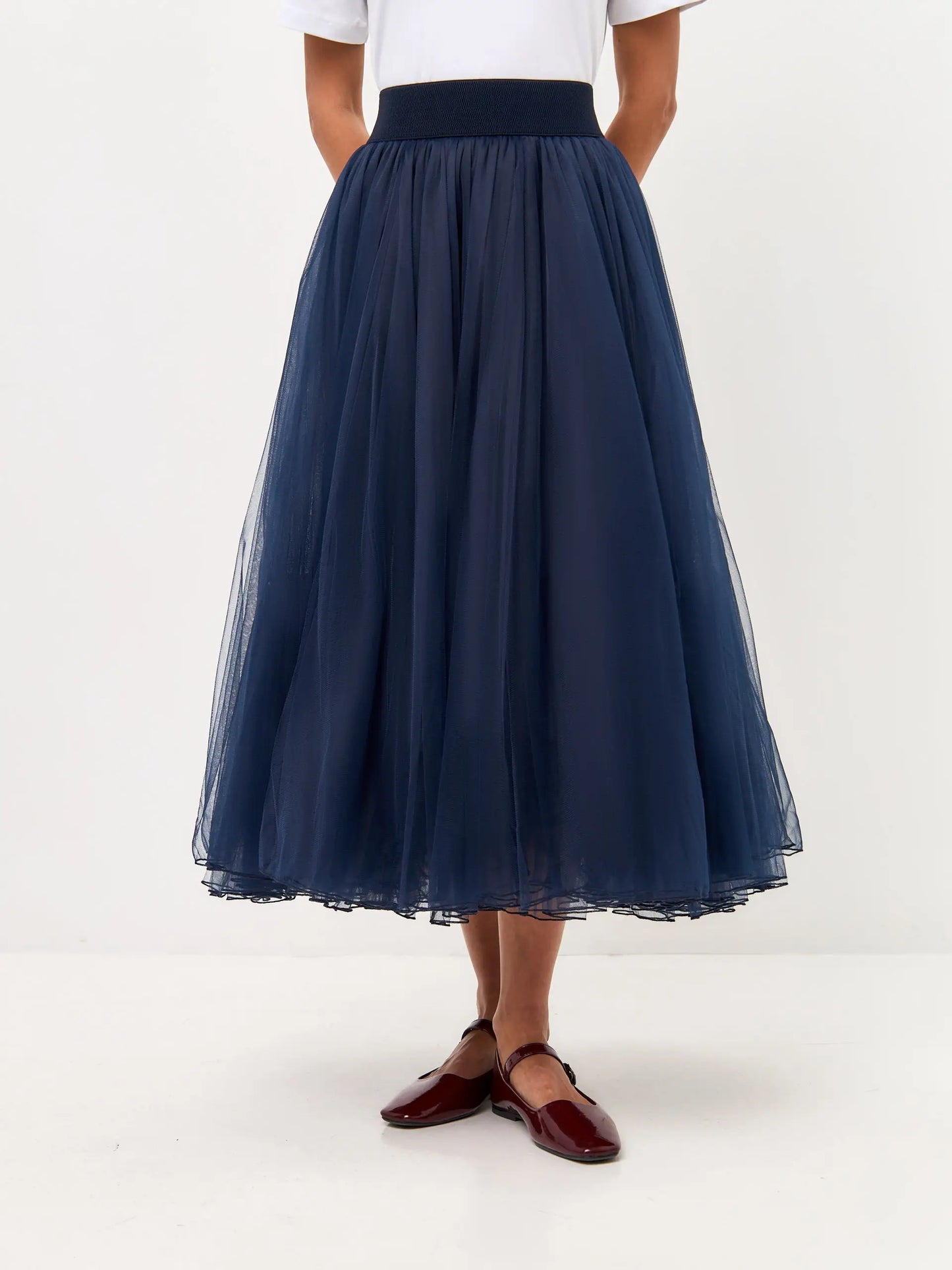 Set: women’s white t-shirt with a mini black cat and a dark blue tulle maxi skirt - Funny Cat | For Cat Lovers | CAT