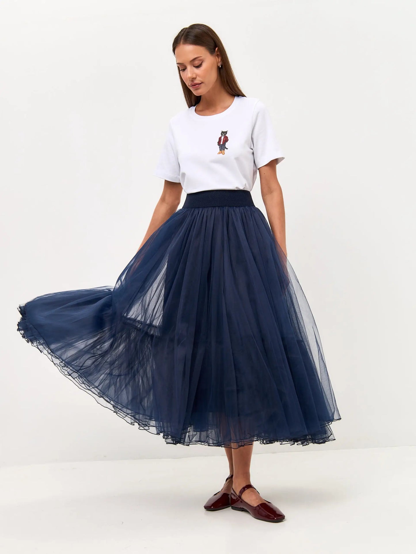 Set: women’s white t-shirt with a mini black cat and a dark blue tulle maxi skirt - Funny Cat | For Cat Lovers | CAT