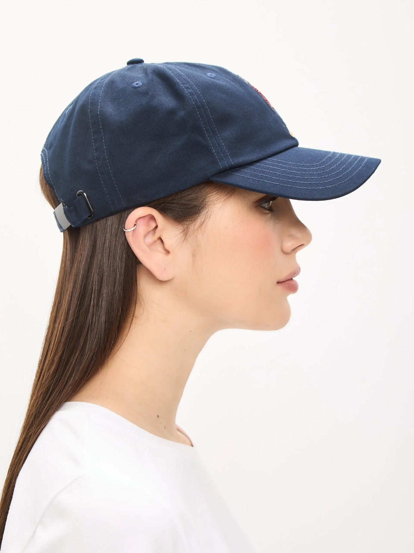 Set: women’s white t-shirt with a mini print of a country cat and a dark blue cap with cat embroidery - Funny Cat