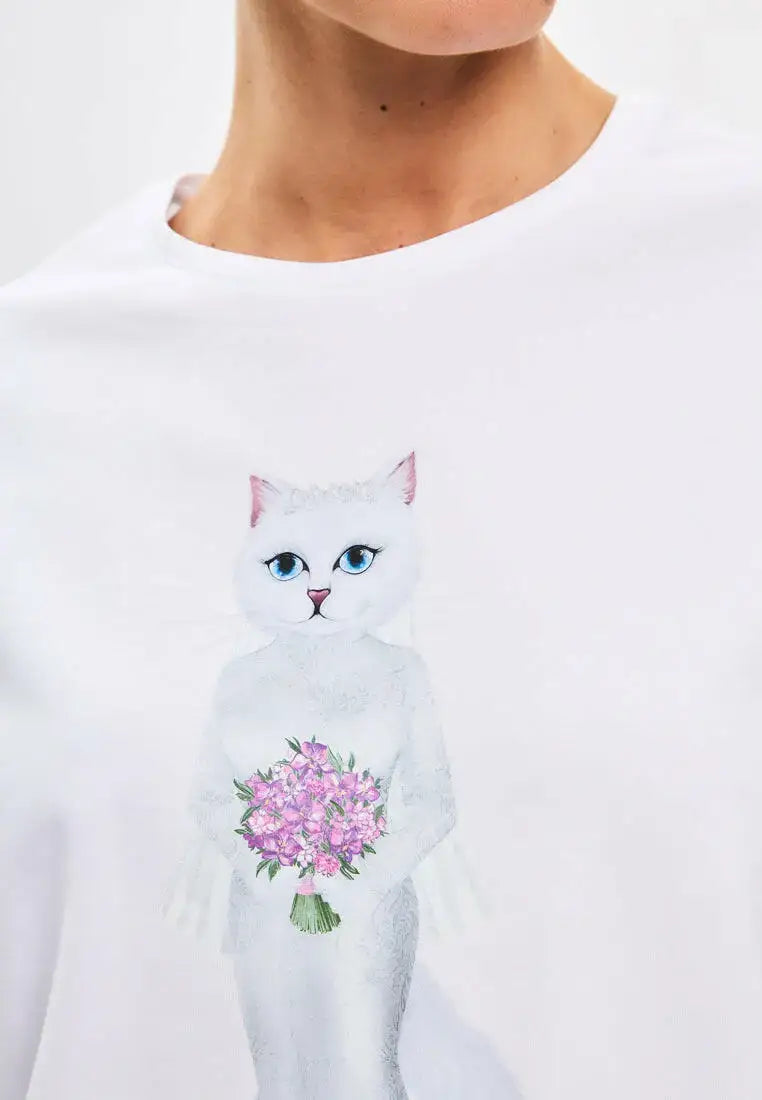 White Printed T-shirt BRIDE CAT Maniita Lacitta.