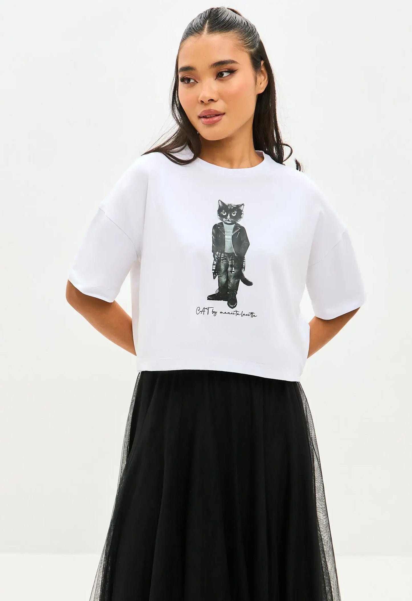 White Printed T-shirt ROCKER CAT - T-shirt