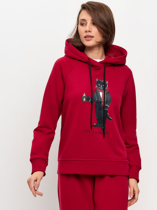 Red Printed Hoodie NEW YEAR CAT - Hoodie & sweatshirt