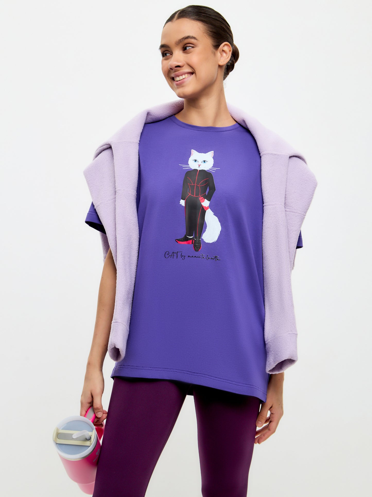 SPORT set: Purple women's leggins and t-shirt with Cat print