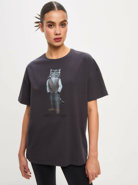 Grey Printed oversized T-shirt MINIMALIST CAT Maniita Lacitta.