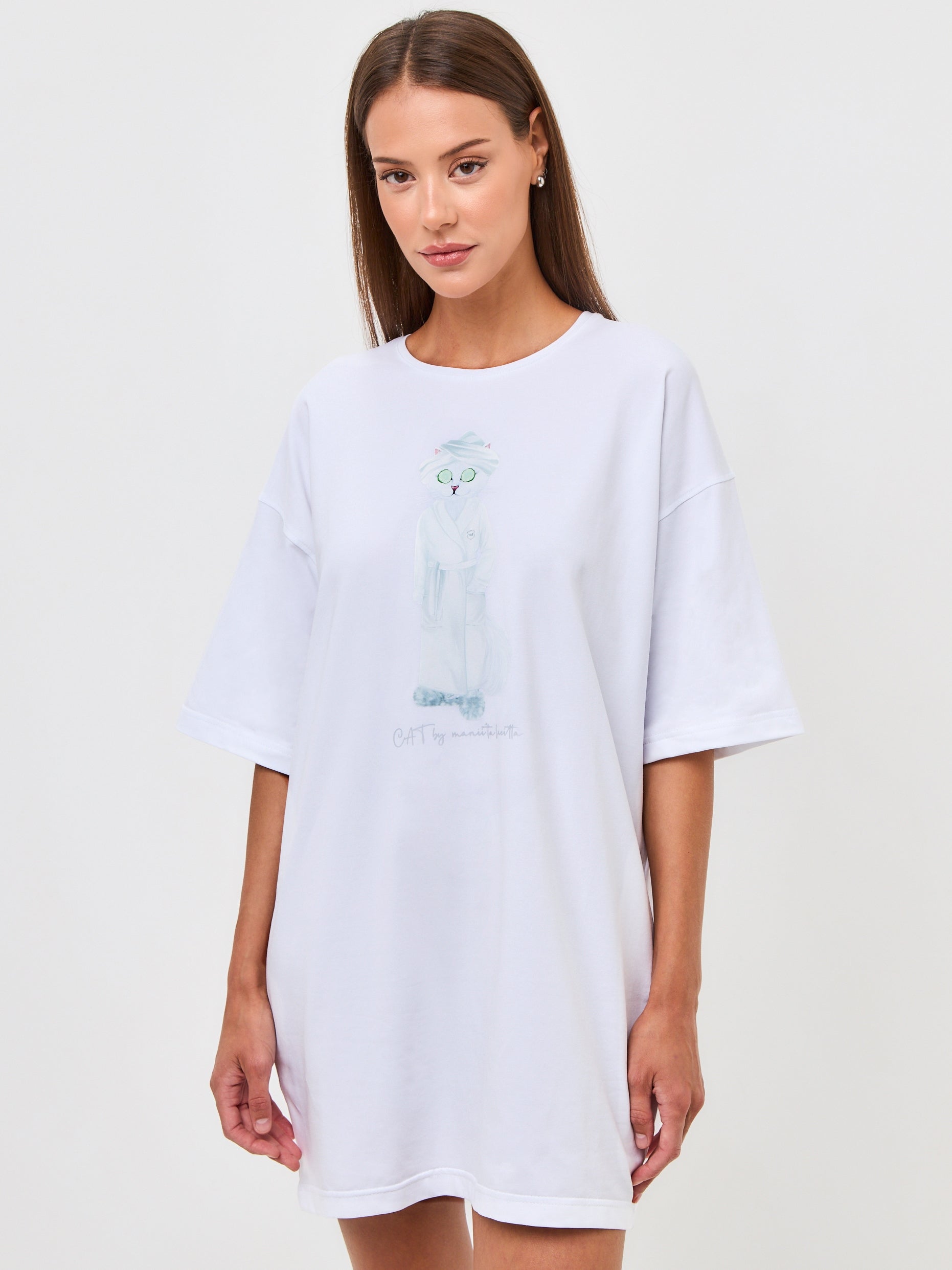 White Printed oversized T-shirt SPA CAT - XS / White / Oversized - Loungewear