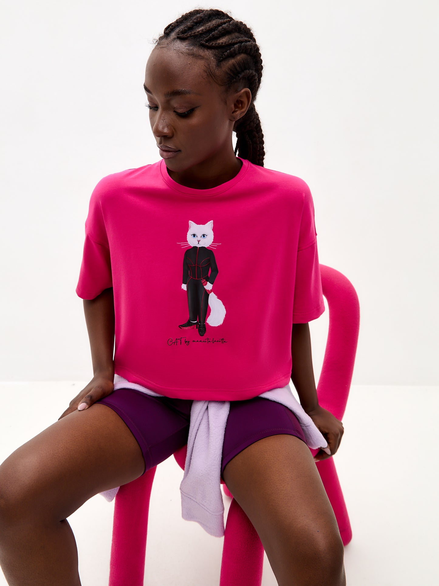 SPORT set: leggins and pink printed short oversized T-shirt with Cat