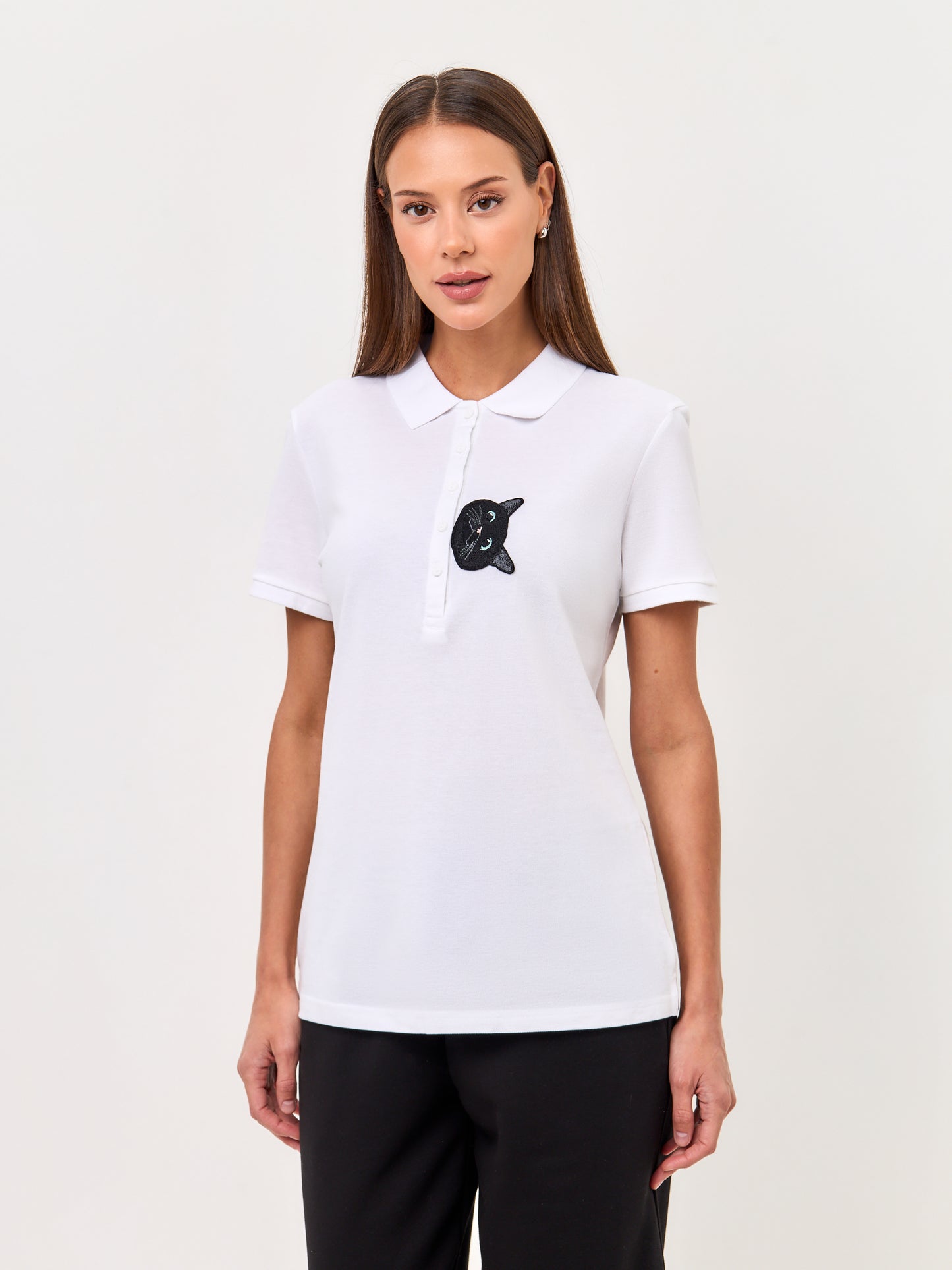 Set: women's white polo shirt with a black cat and black wide-leg sweatpants