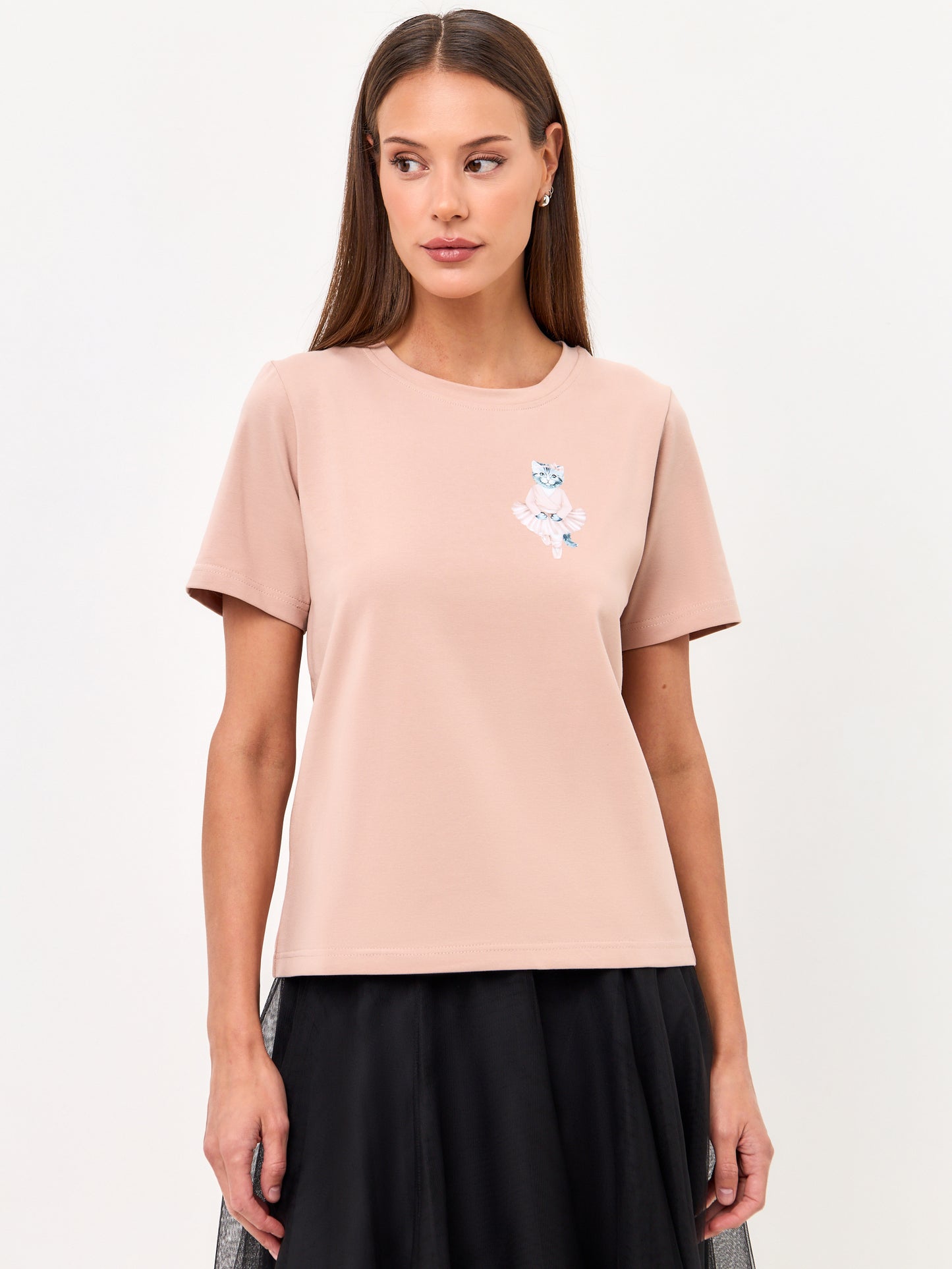 Set: women's soft pink T-shirt with a Ballerina Kitten and a black mesh maxi skirt