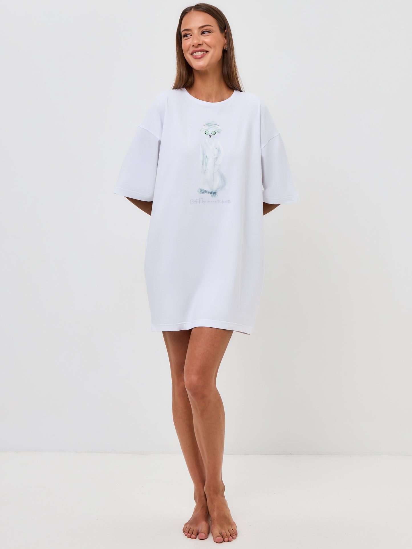 White Printed oversized T-shirt SPA CAT - Loungewear