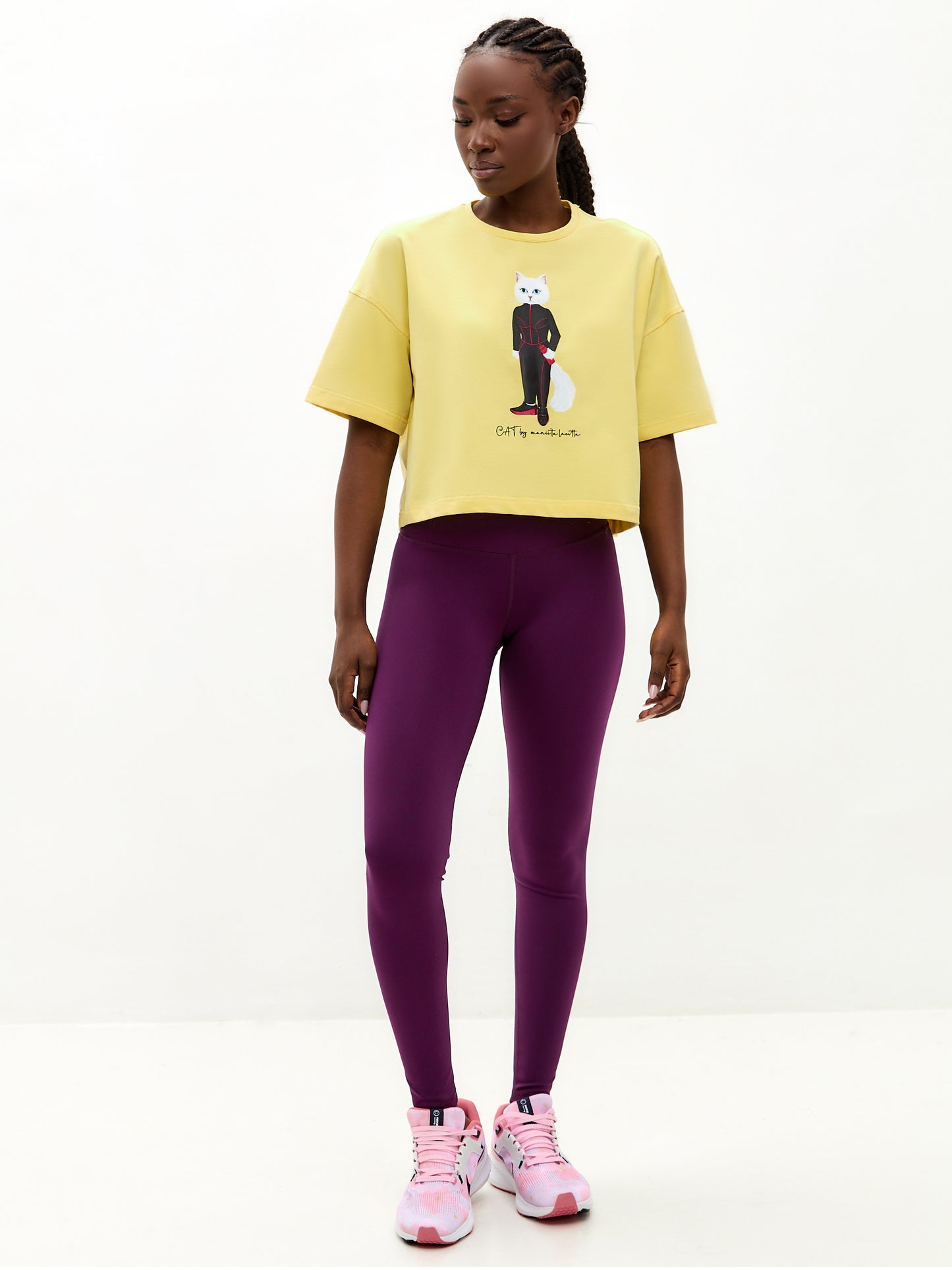 SPORT set: purple leggins and yellow printed oversized T-shirt with Cat print