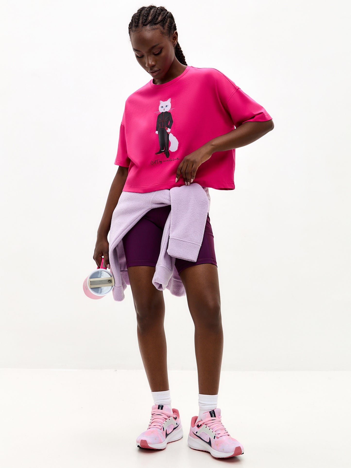 SPORT set: leggins and pink printed short oversized T-shirt with Cat