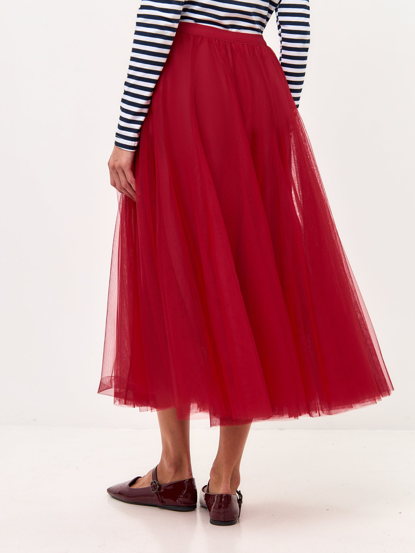 Paris set: women's long sleeve navy striped white Сat and red mesh maxi skirt