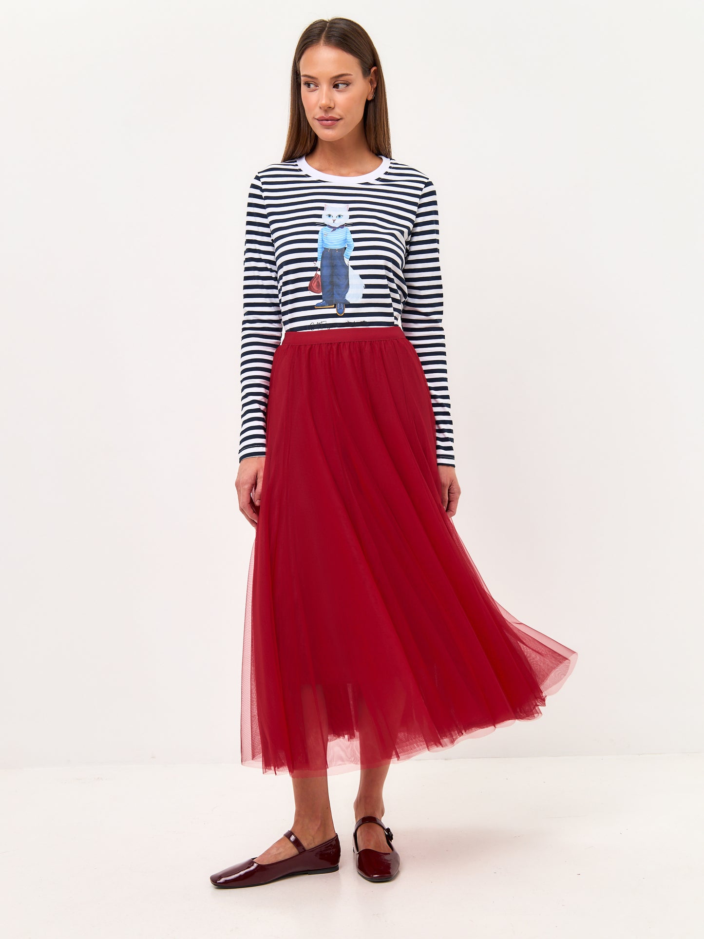 Paris set: women's long sleeve navy striped white Сat and red mesh maxi skirt