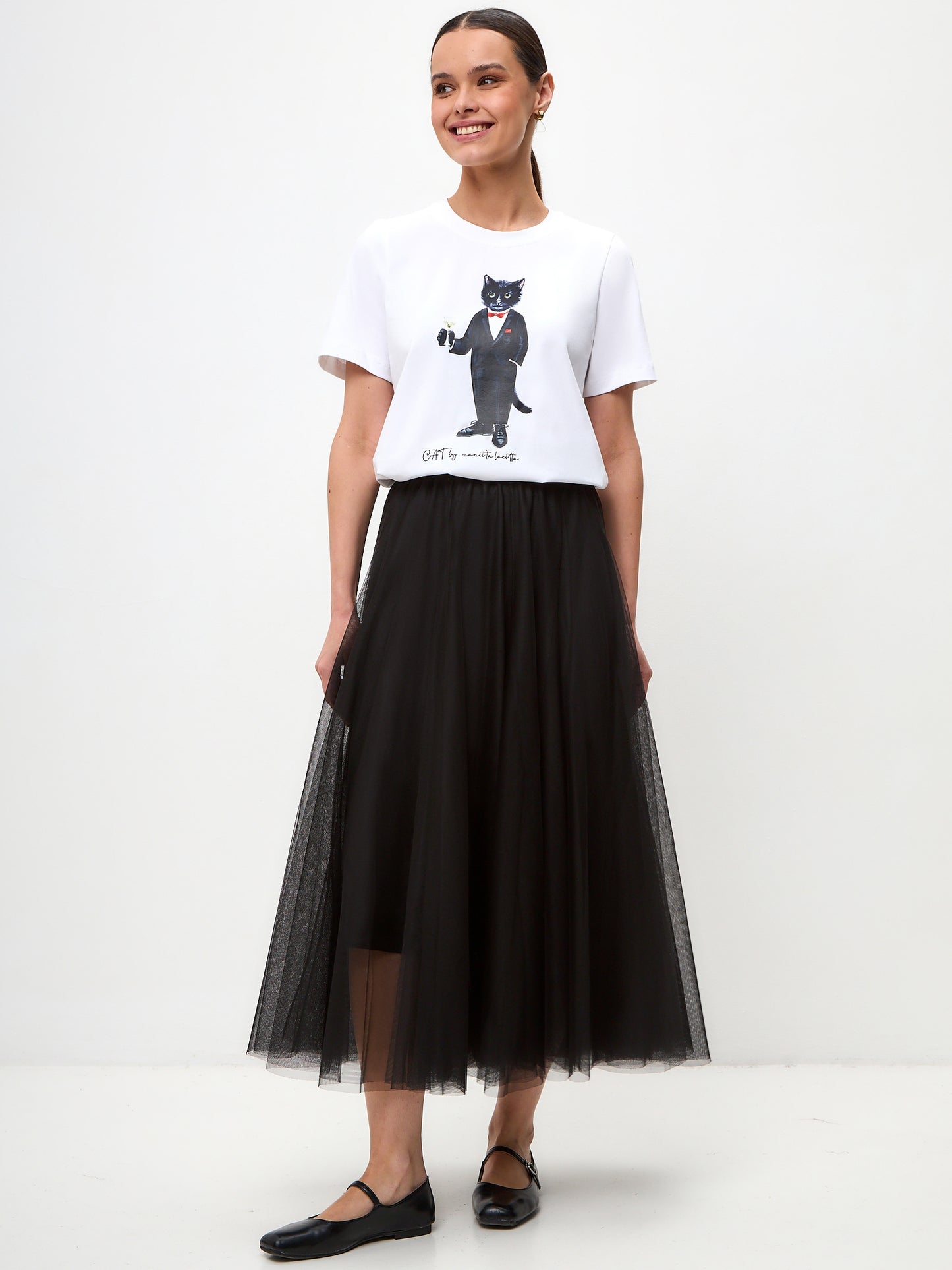 BASIC set: women's white T-shirt with a DANDY Cat and black mesh maxi skirt