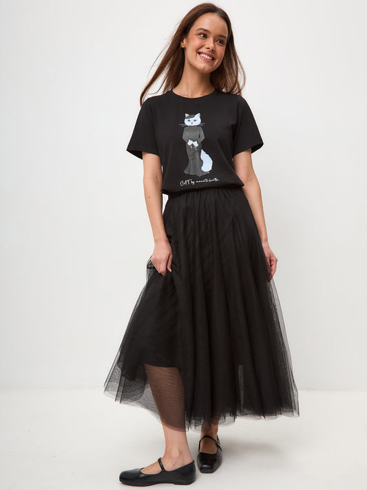 Elegance set: women's black T-shirt with a white cat and black mesh maxi skirt