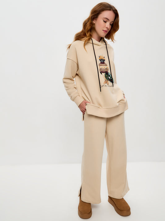 Christmas set: beige sports chic women's suit over-hoodie with Cat and culottes