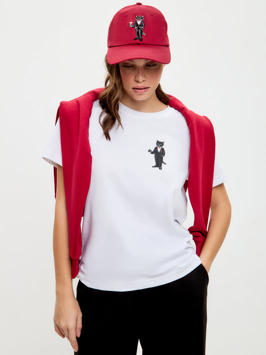 Set: women's white T-shirt with a mini print of a DANDY CAT and a dark red cap with Cat embroidery