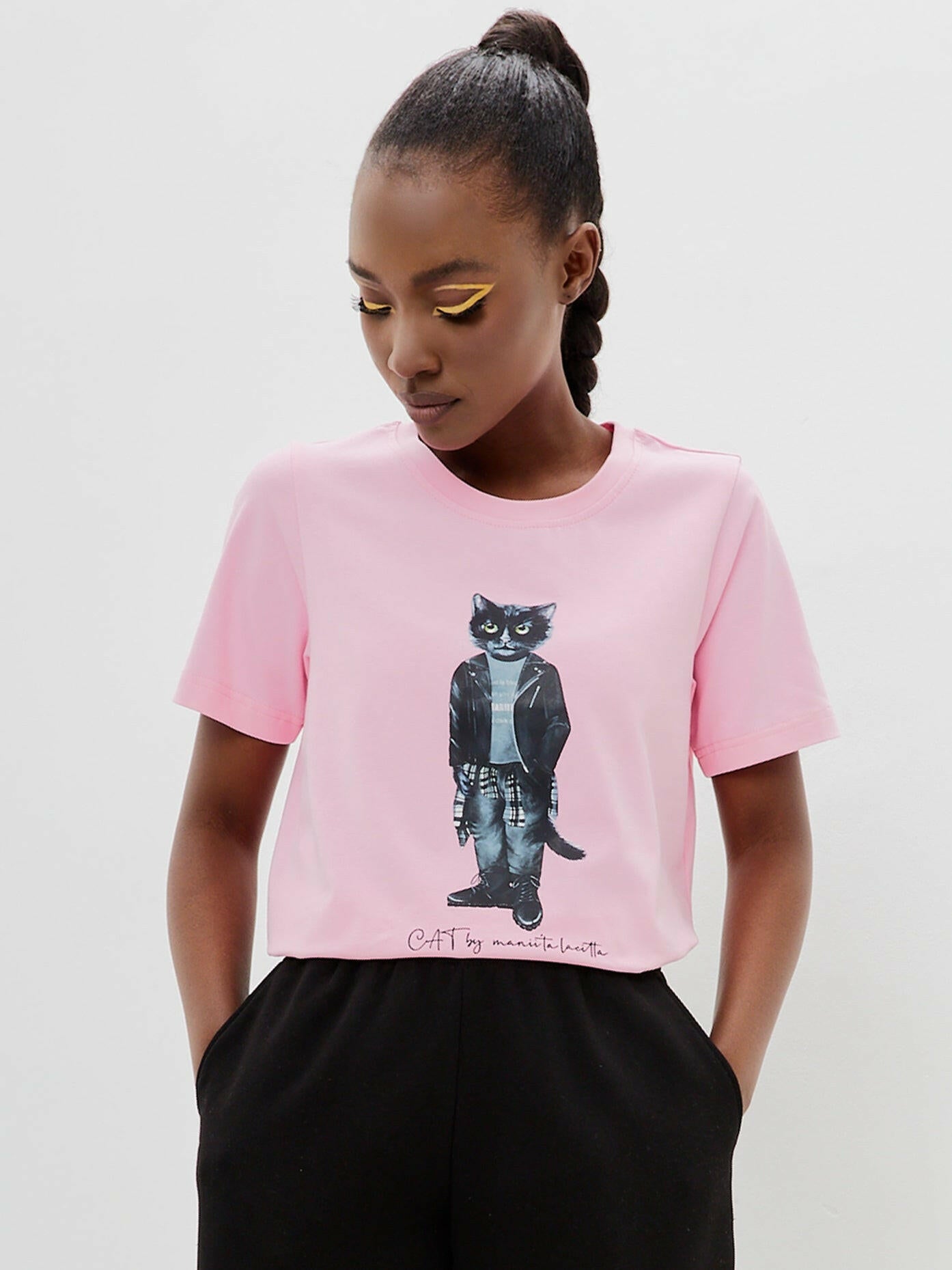 Set: women's pink T-shirt with ROCKER CAT print and black wide sweatpants