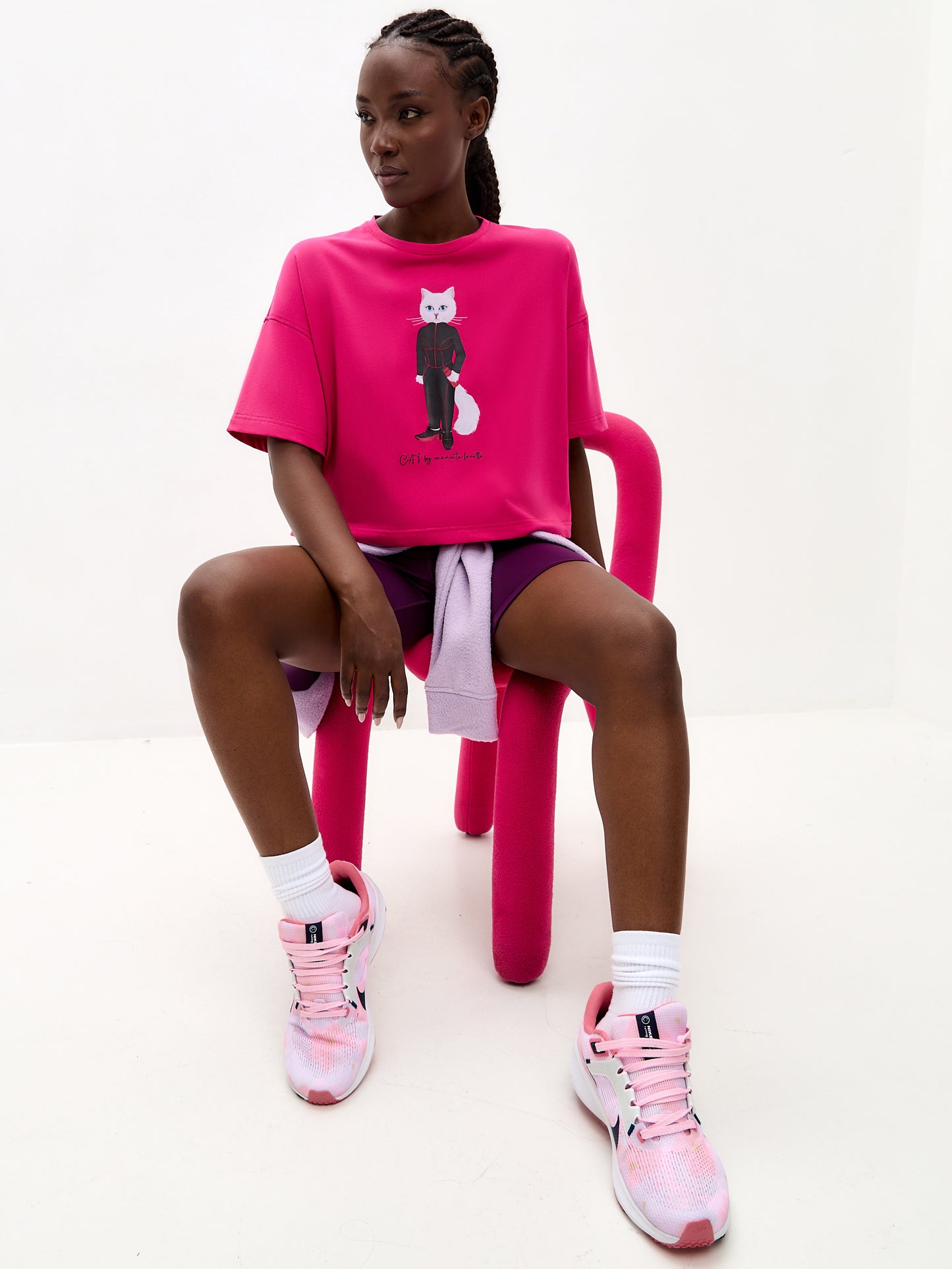 SPORT set: leggins and pink printed short oversized T-shirt with Cat