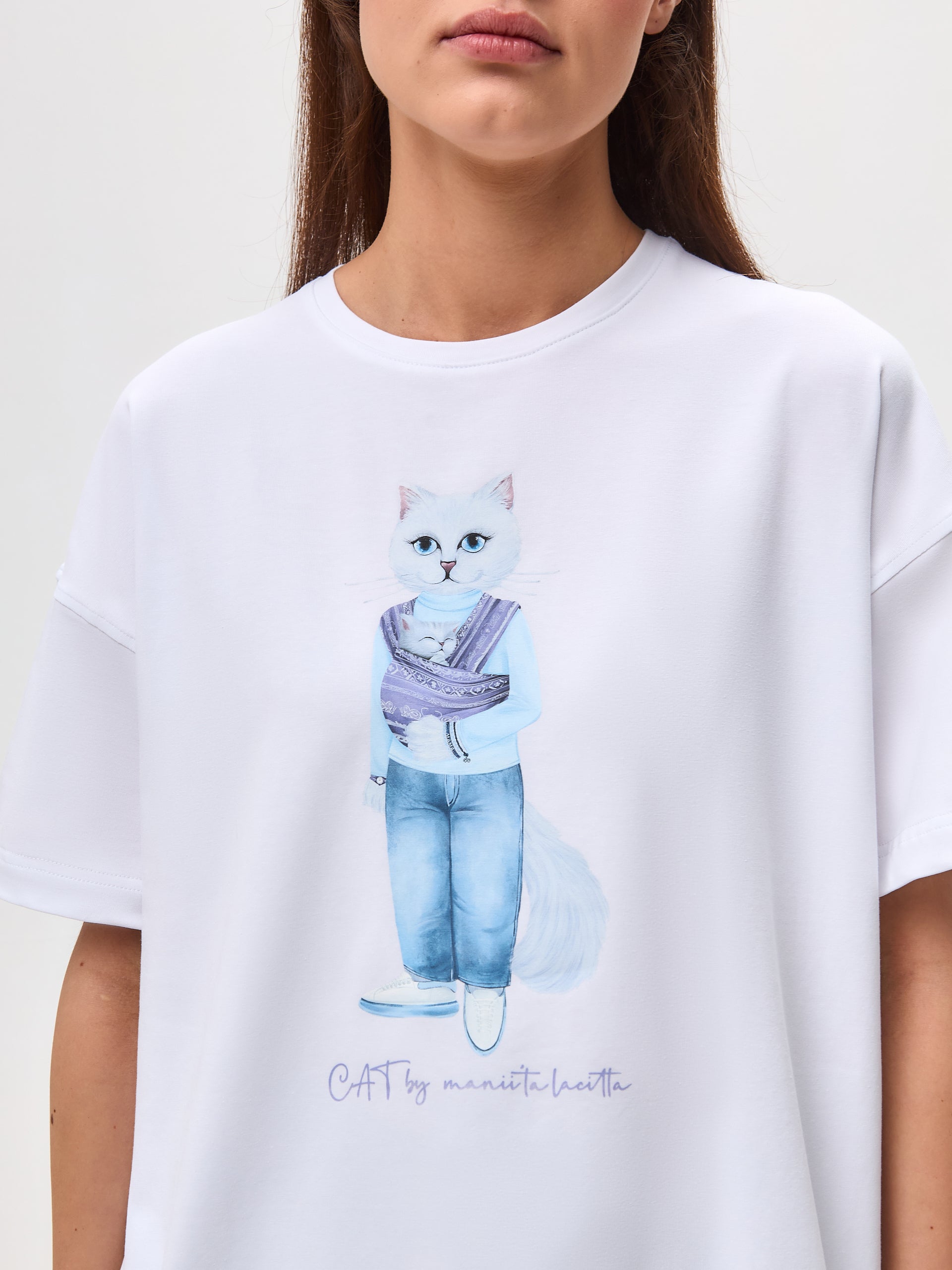 White Printed T-shirt MOTHER CAT - T-shirt