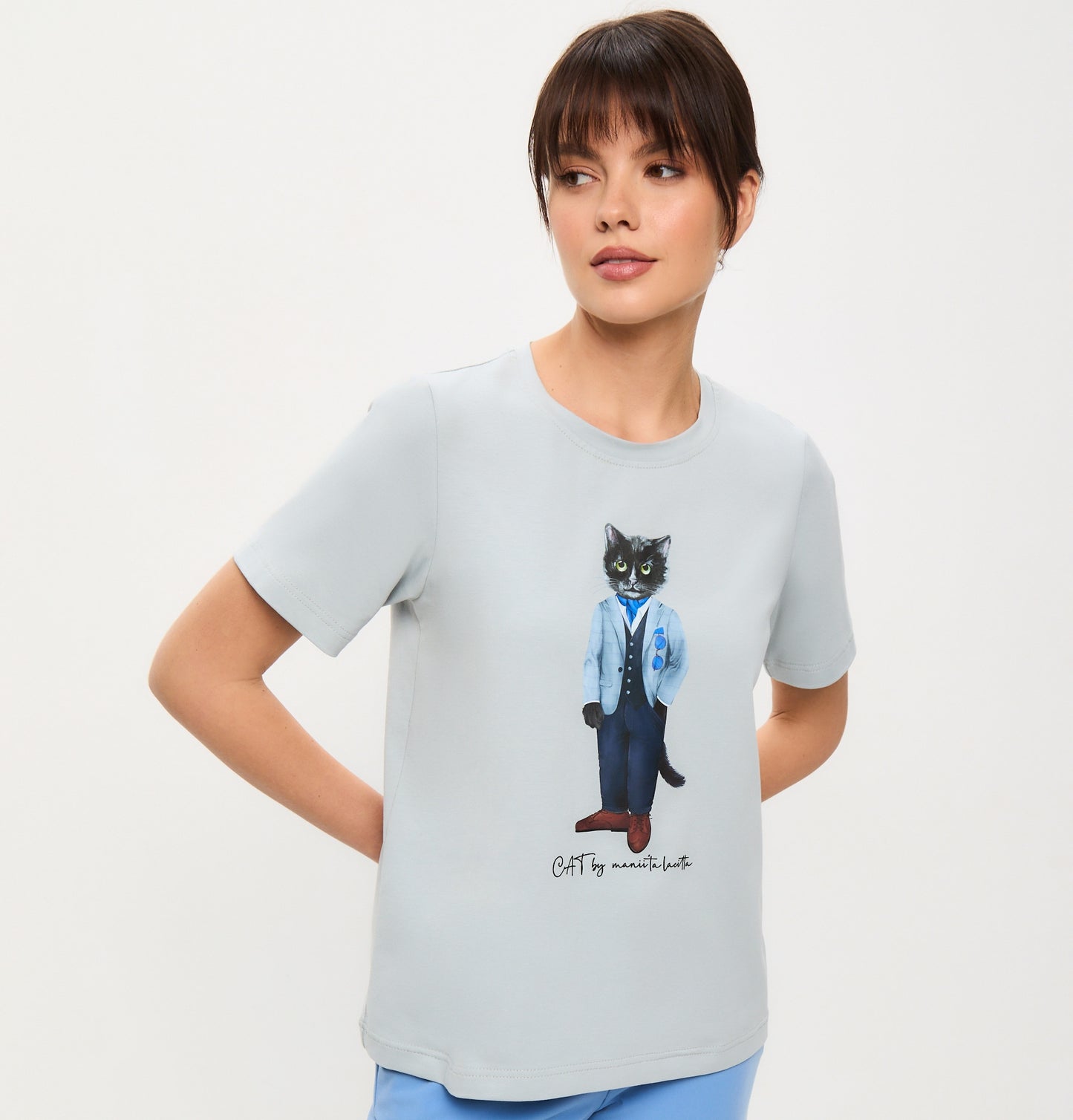 Blue Printed T-krekls CHERRY CAT