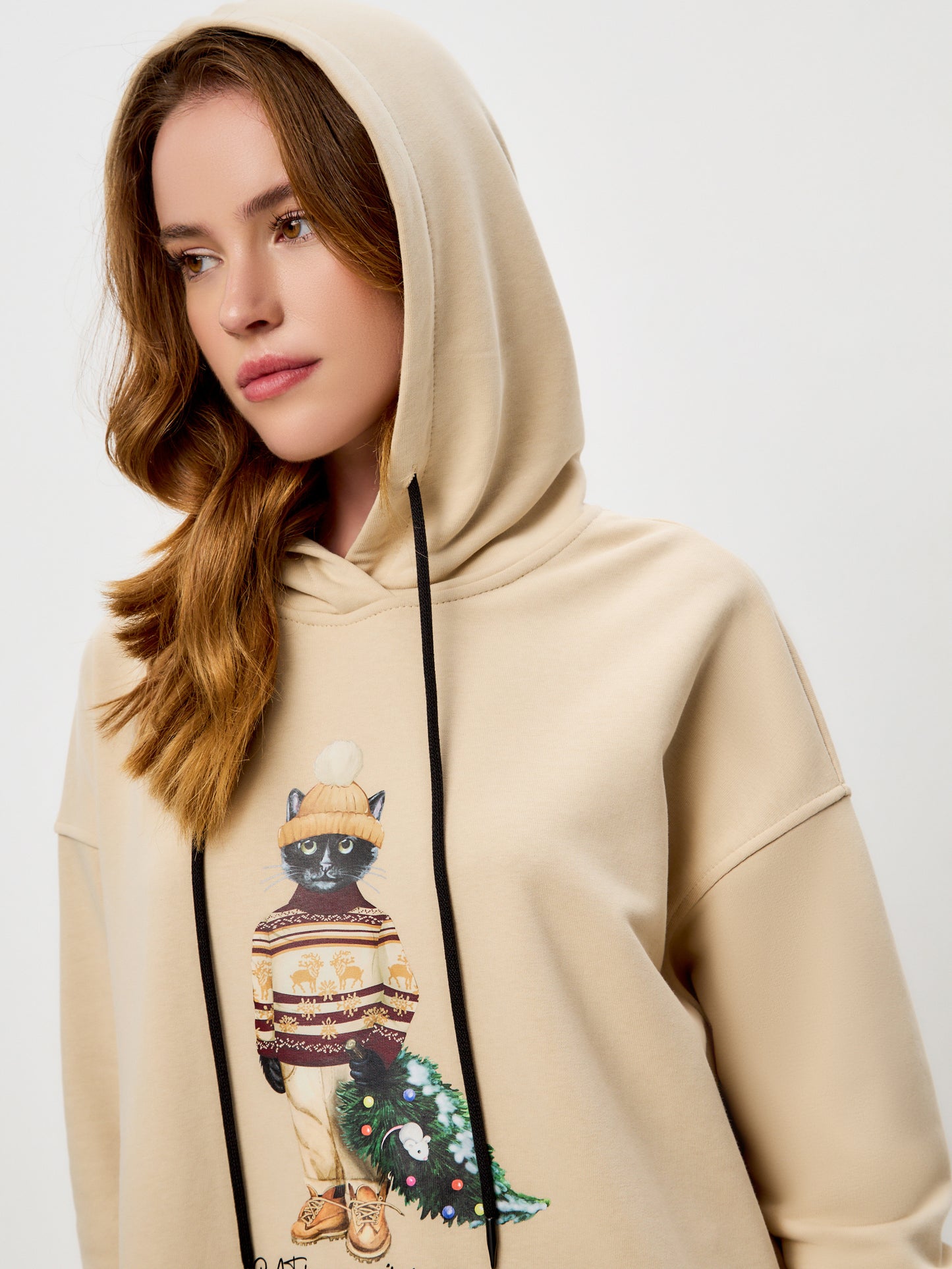 Christmas set: beige sports chic women's suit over-hoodie with Cat and culottes