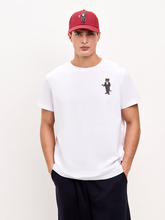 Set: men's white T-shirt with a mini print of a DANDY CAT and a dark red cap with Cat embroidery