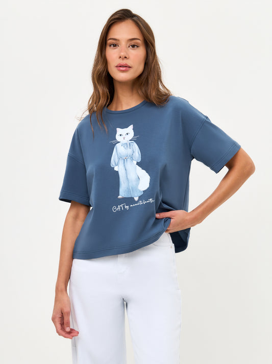 Purpursarkana apdruka T-krekls DENIM CAT