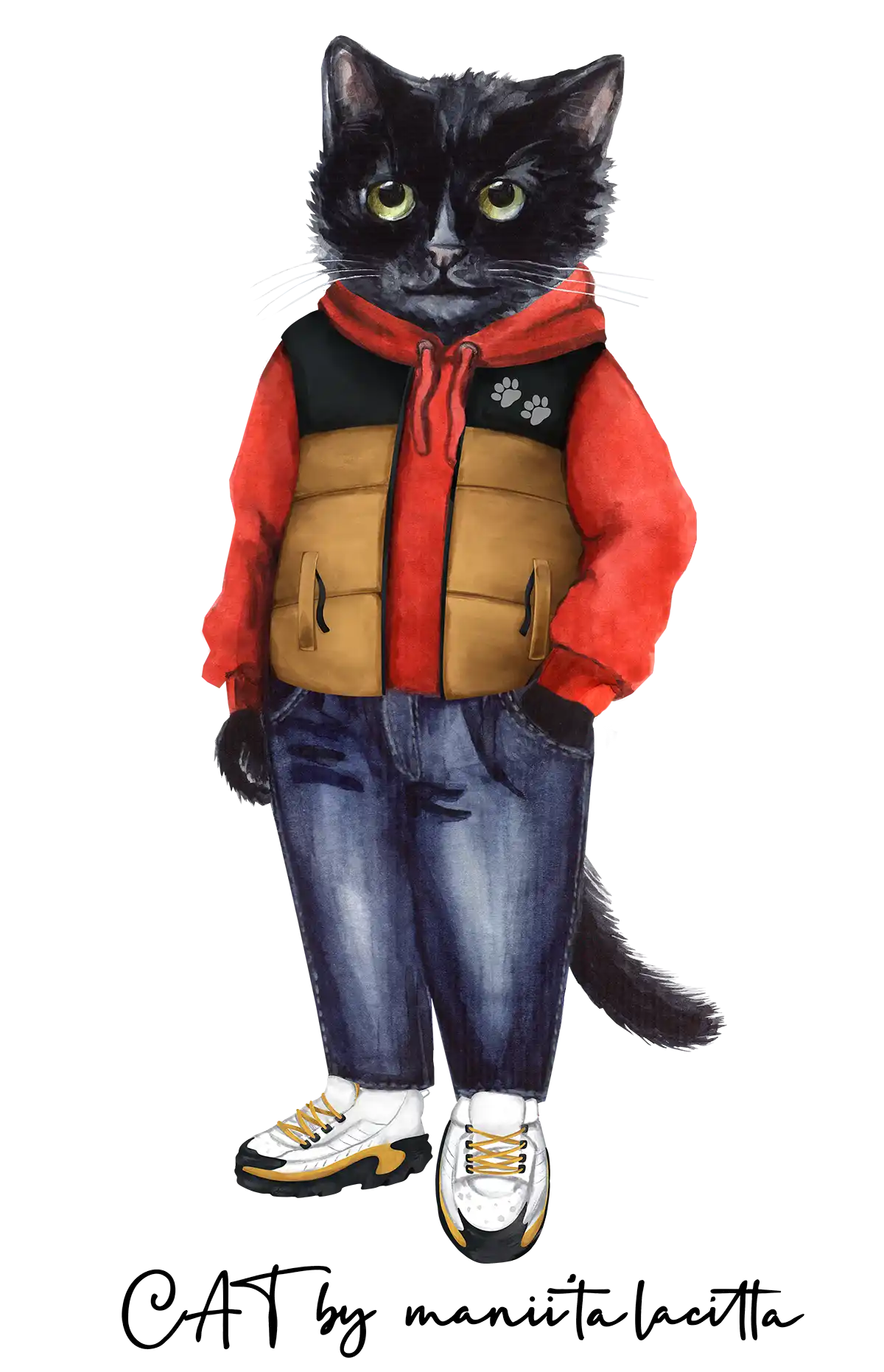 Anthropomorphic black cat in casual attire.