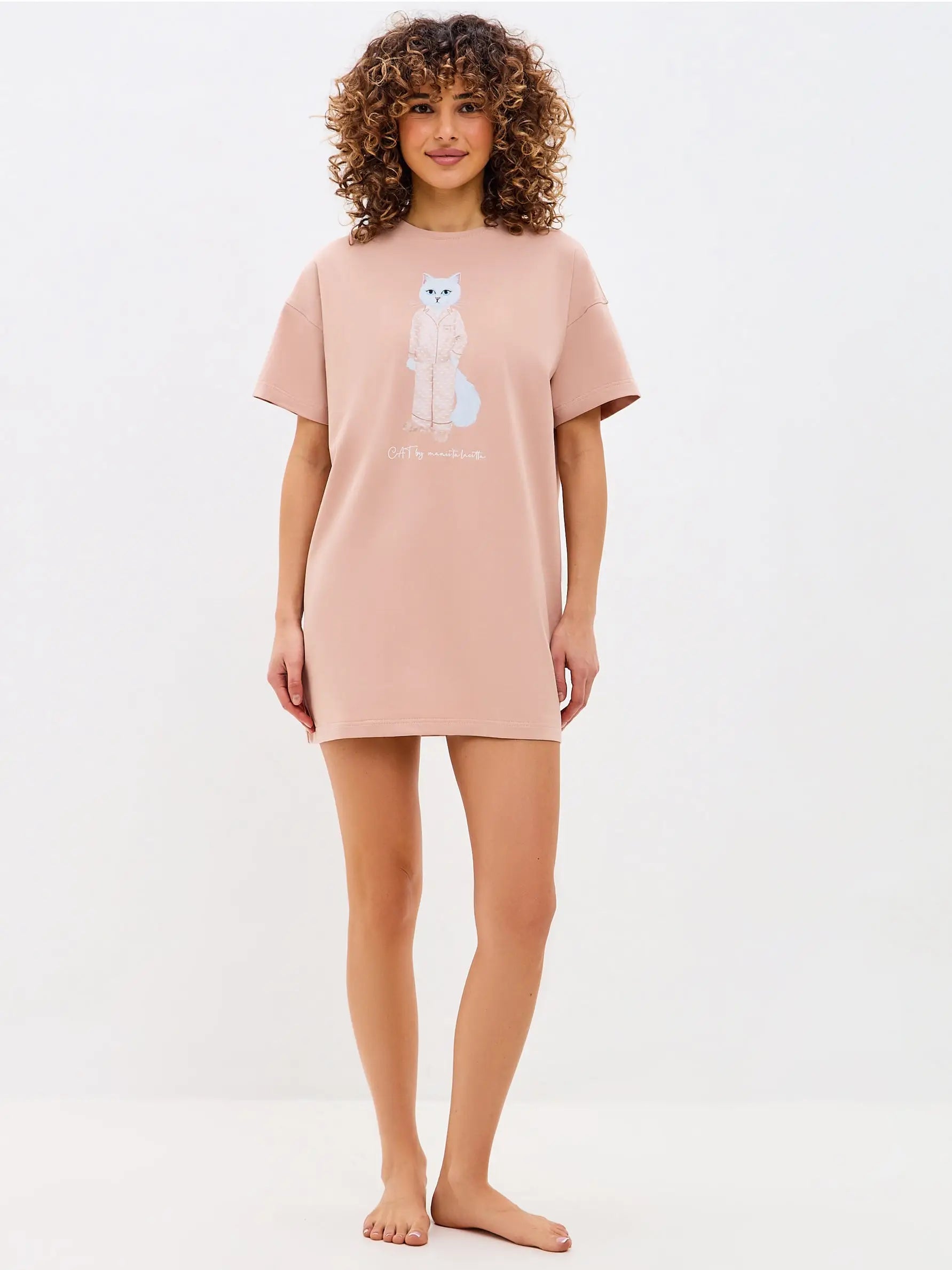 Beige Printed oversized T-shirt PAJAMAS CAT - Loungewear