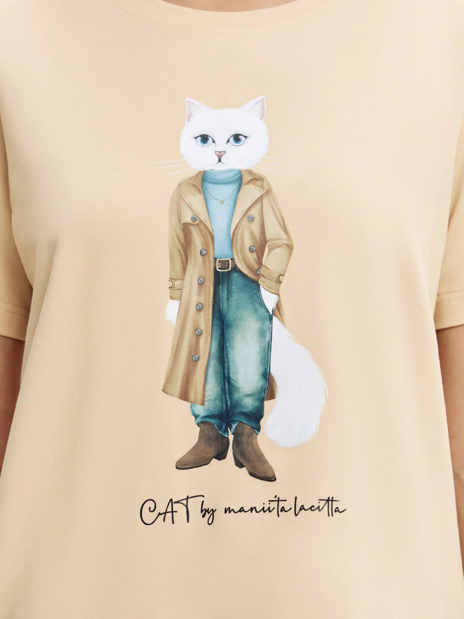 Beige t-shirt trench coat white cat - Funny Cat T-shirt | For Cat Lovers | CAT by maniita lacitta
