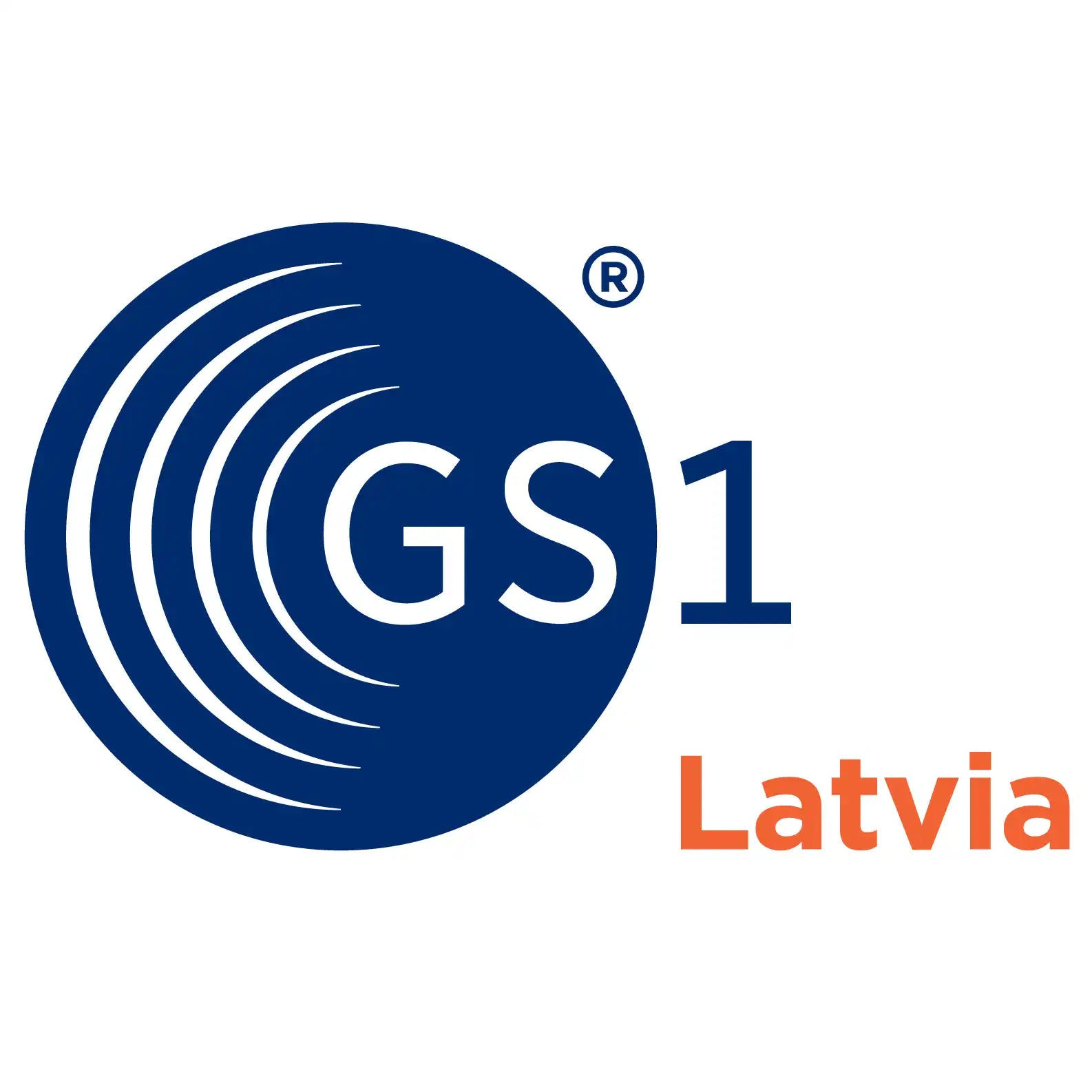 A blue circular logo with ’GS1’’ and ’Latvia’ in orange text.
