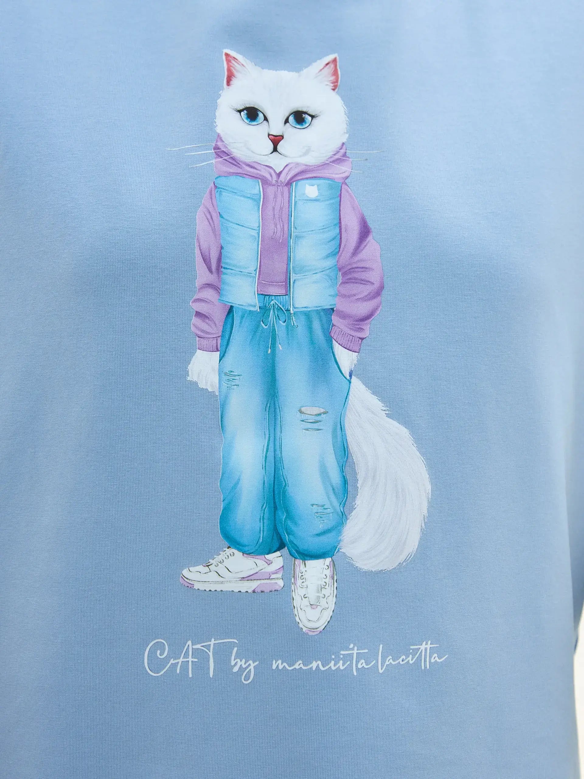 Blue Printed T-shirt WALKING CAT - T-shirt