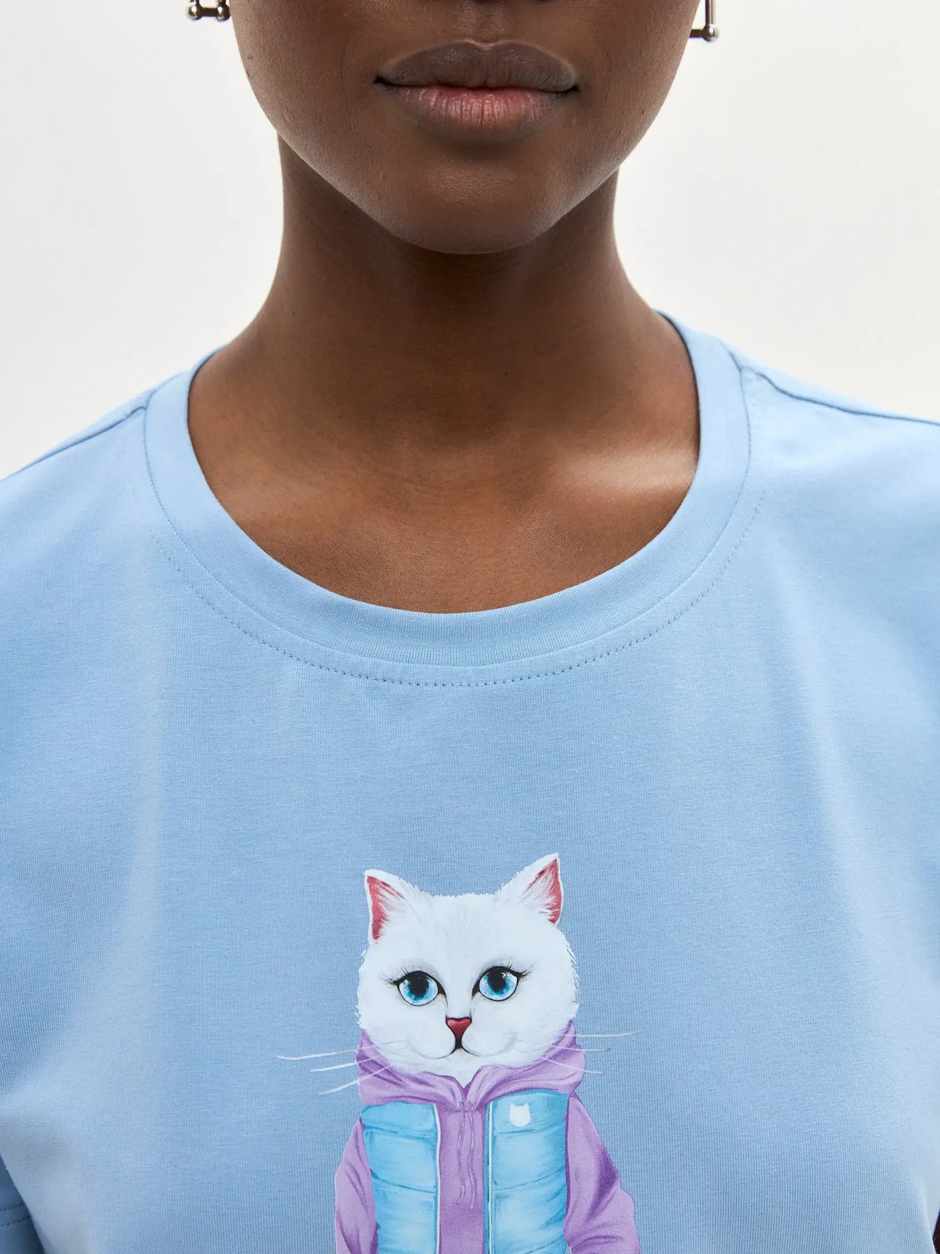 Blue Printed T-shirt WALKING CAT - T-shirt
