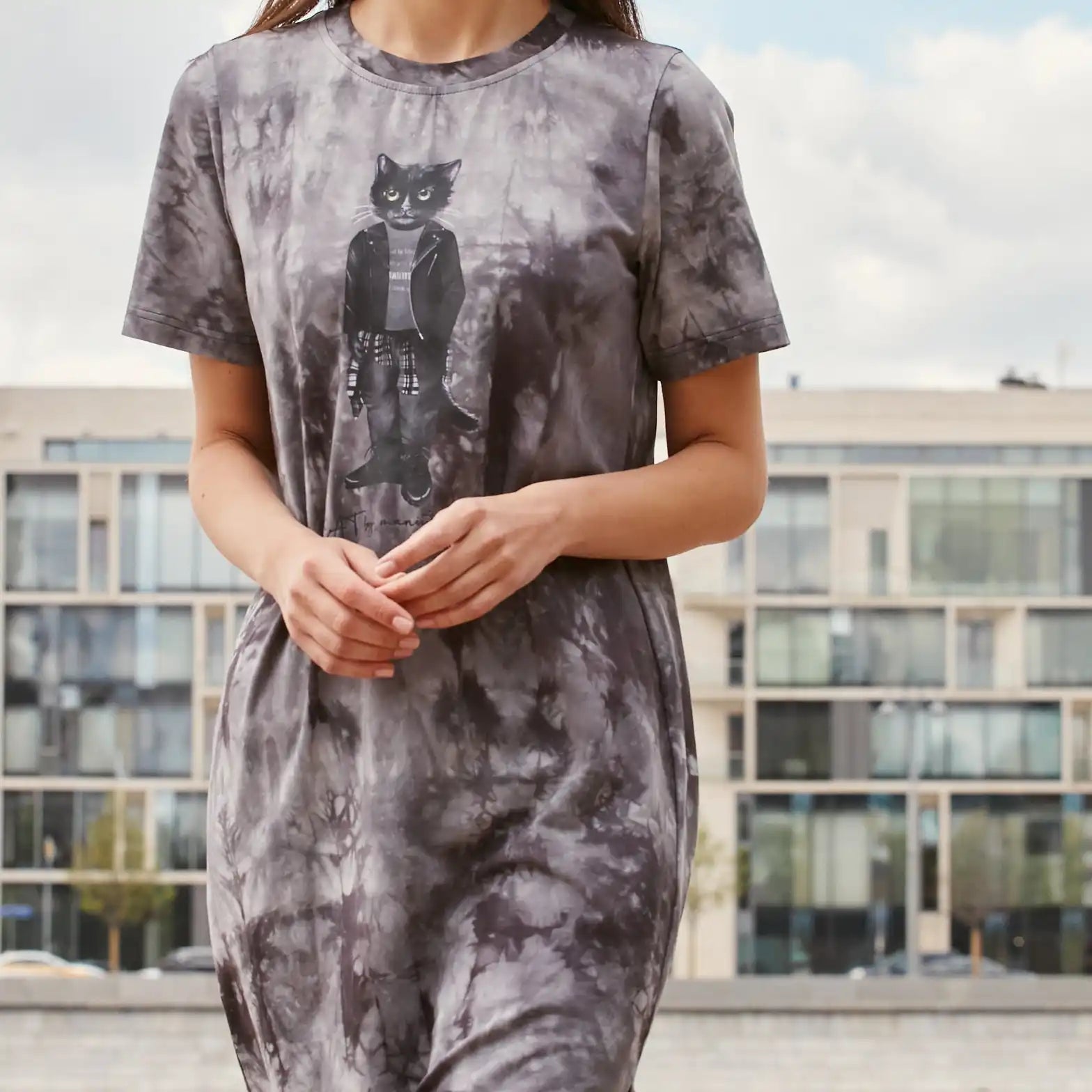 Gray tie-dye t-shirt dress with cat graphic.
