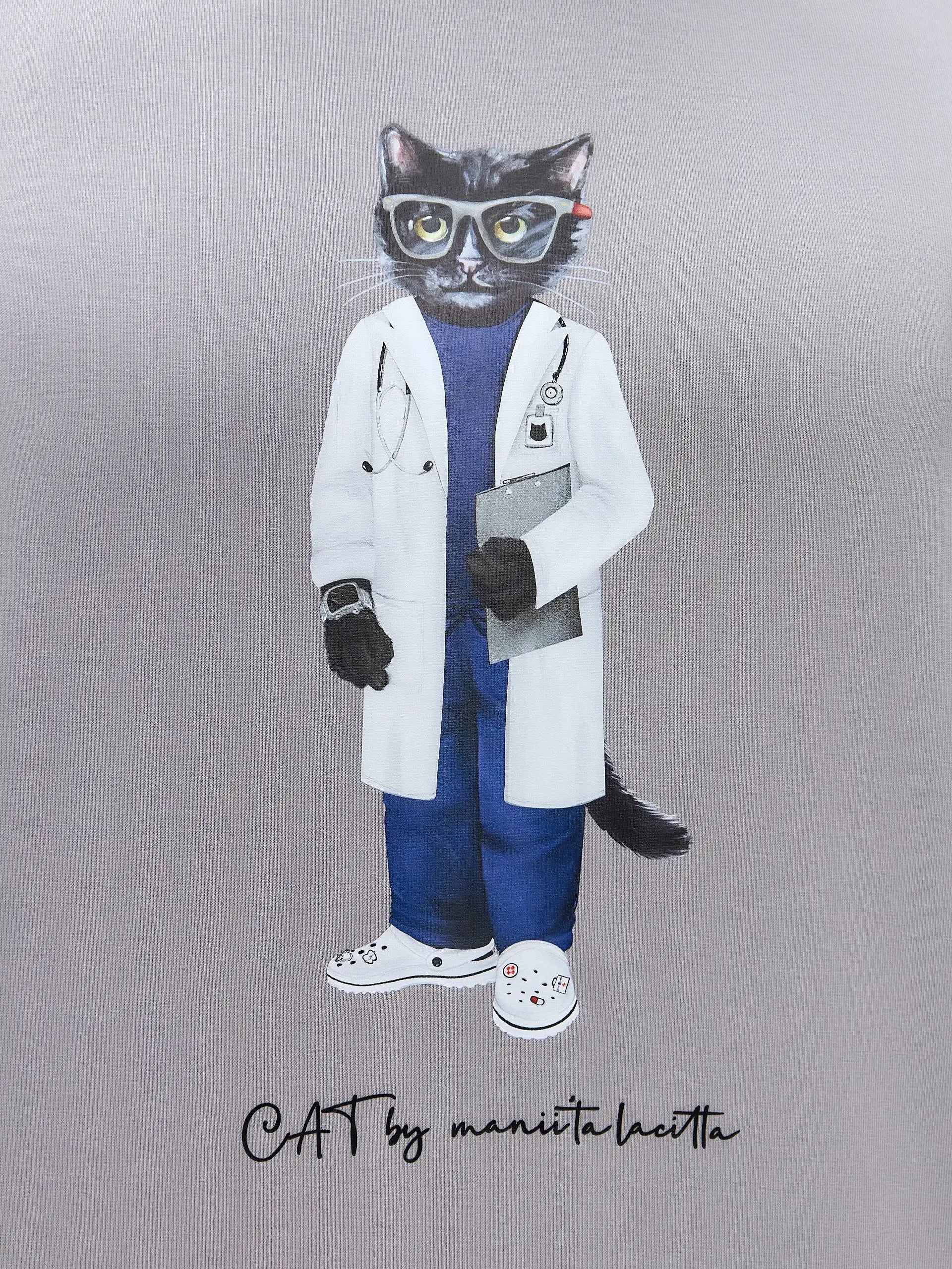 Grey Printed T-shirt DOCTOR CAT - T-shirt