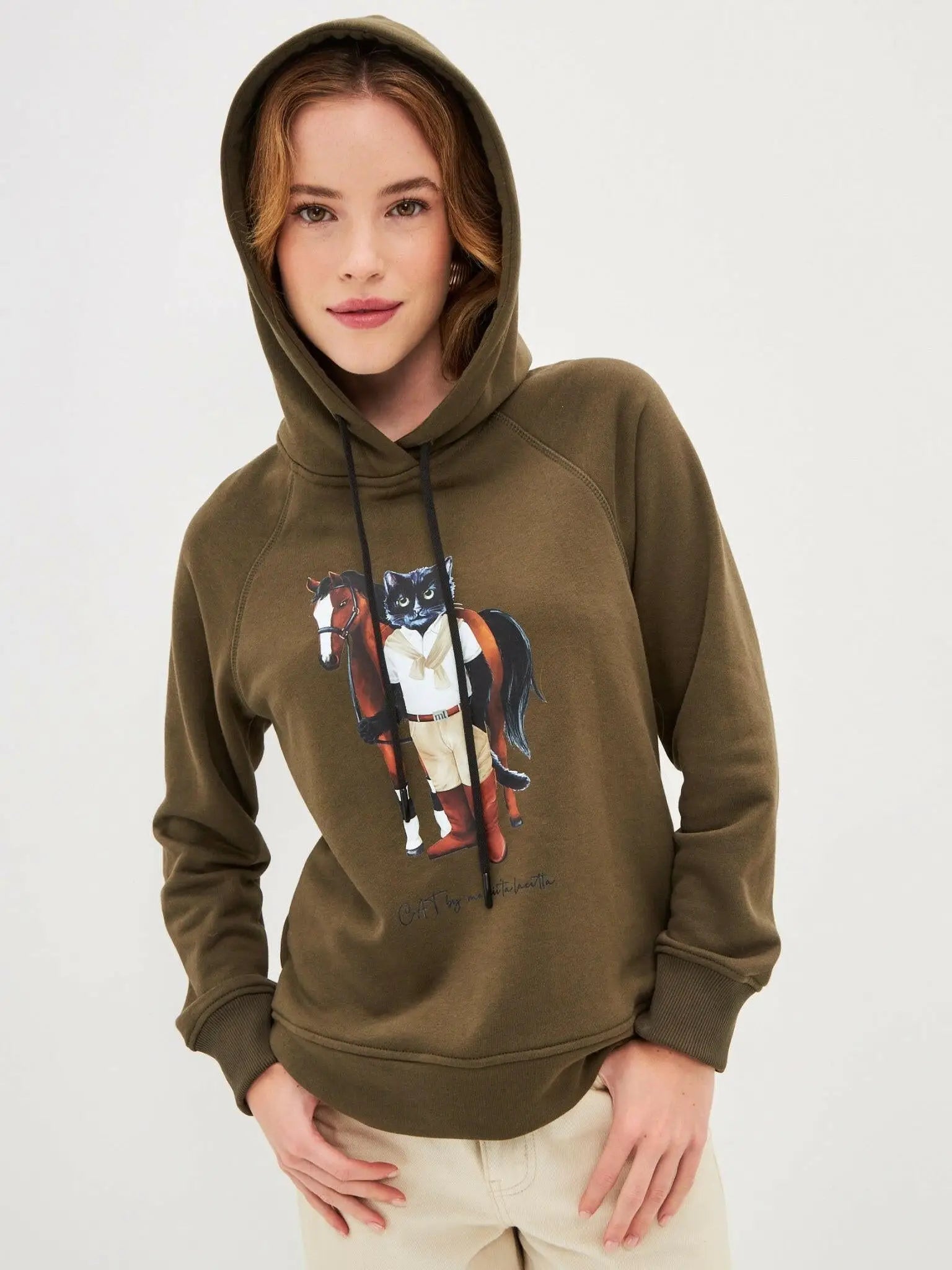 Olive printed hoodie rider cat - Funny Cat Hoodie & sweatshirt | For Cat Lovers | CAT by maniita