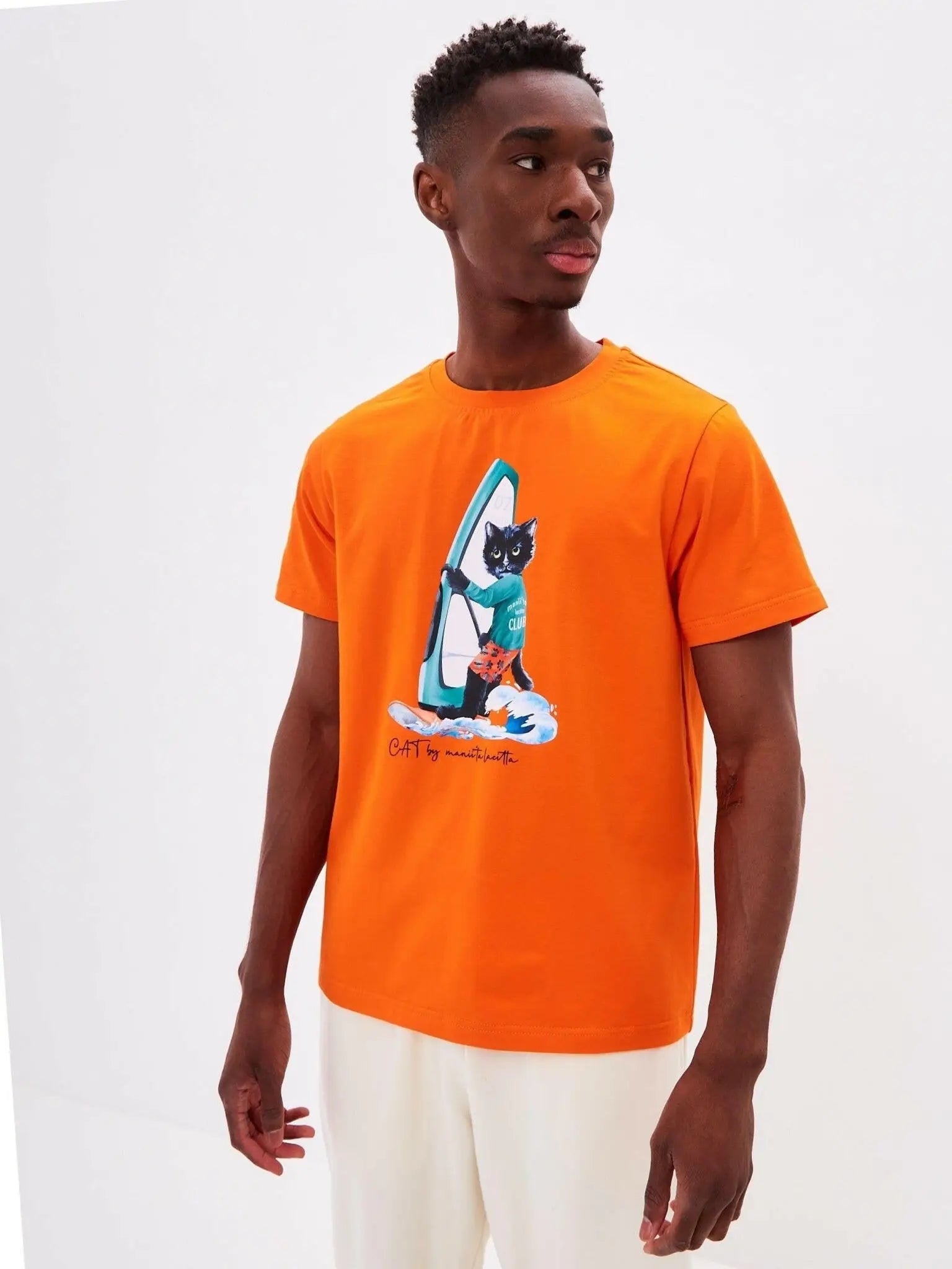 Orange printed t-shirt surfer cat - Funny Cat T-shirt | For Cat Lovers | CAT by maniita lacitta
