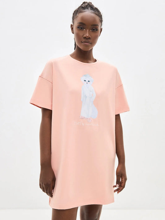 Pink oversized T-shirt SPA CAT - Peach oversized T-shirt SPA CAT print