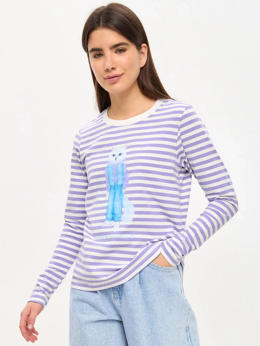 Purple longsleeve white cat walk - Funny Cat Shirt & Striped shirt | For Cat Lovers | CAT by maniita
